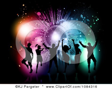 1084316-Clipart-Silhouetted-Dance-Team-Against-A-Grungy-Colorful-Burst-On-Black-Royalty-Free-Vector-Illustration