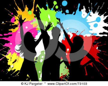 73103-Royalty-Free-RF-Clipart-Illustration-Of-Black-Silhouettes-Of-Dancers-Over-Colorful-Grungy-Splatters